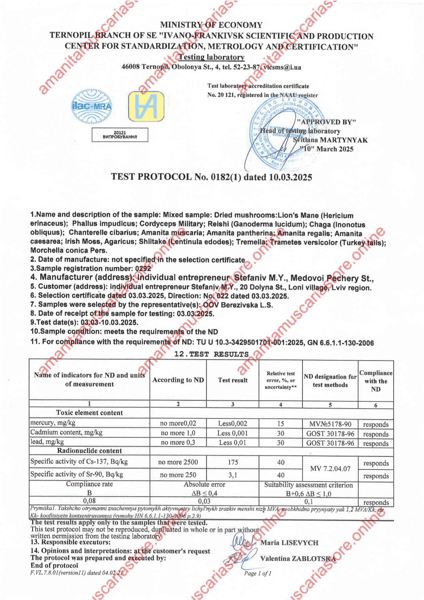 Test protocol No. 0182(1) for toxic elements preview with Amanita Store watermark
