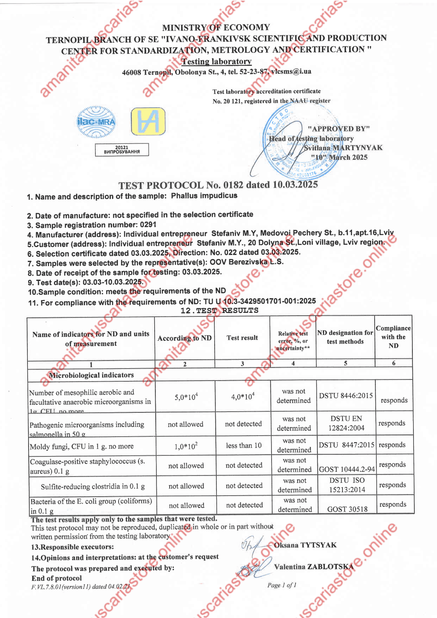 Test protocol No. 0182 for microbial indicators preview with Amanita Store watermark